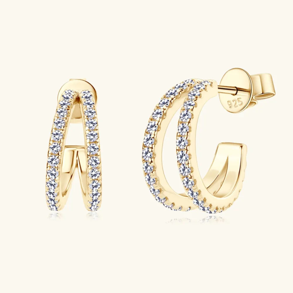 925 sterling silver C-hoop earrings with moissanite stones, showcasing elegant jewelry design and sparkling gemstones.