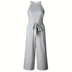 Plush Fashion Hub casual striped jumpsuit with cap sleeves and wide-leg design, perfect for summer casualwear.