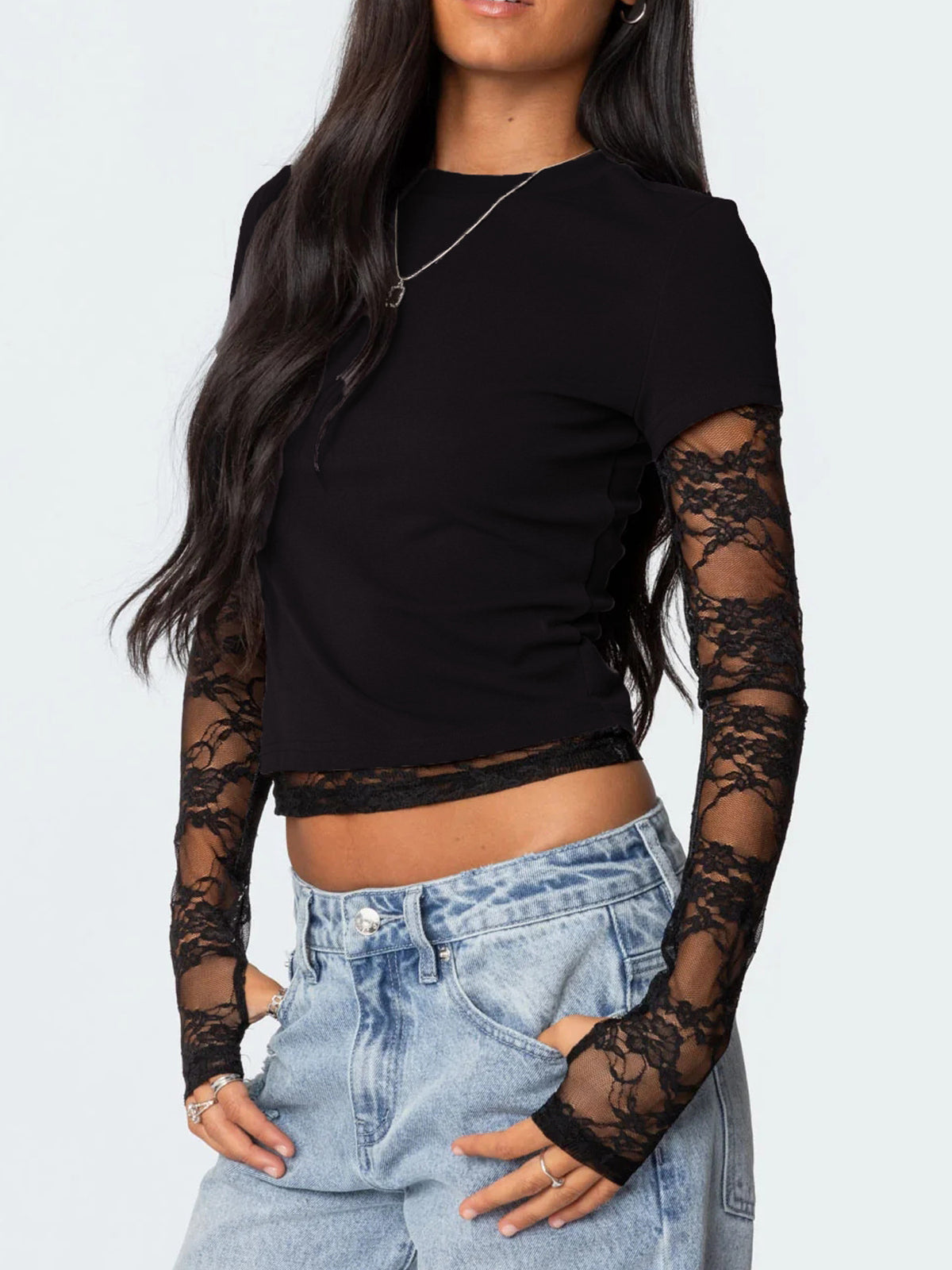 Women's fitted casual lace sleeve T-shirt from Plush Fashion Hub, showcasing a stylish, comfortable design with lace detailing.