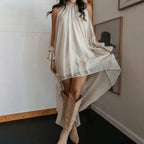 FitiqueFit high neck asymmetric maxi chiffon dress with loose fit long sleeves, casualwear style, shown in a flowing fabric.