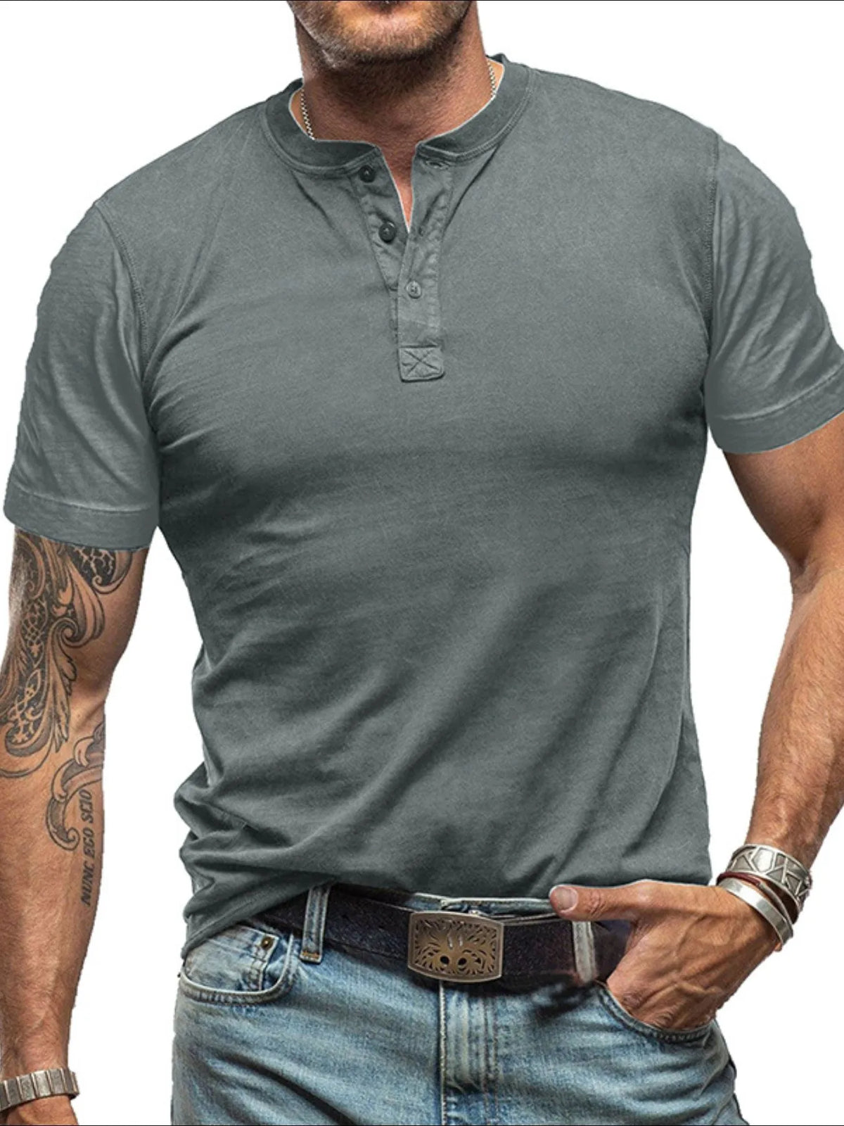 Men's classic short sleeve Henley polo shirt by Trendsi, featuring a comfortable fit and buttoned neckline in a solid color.