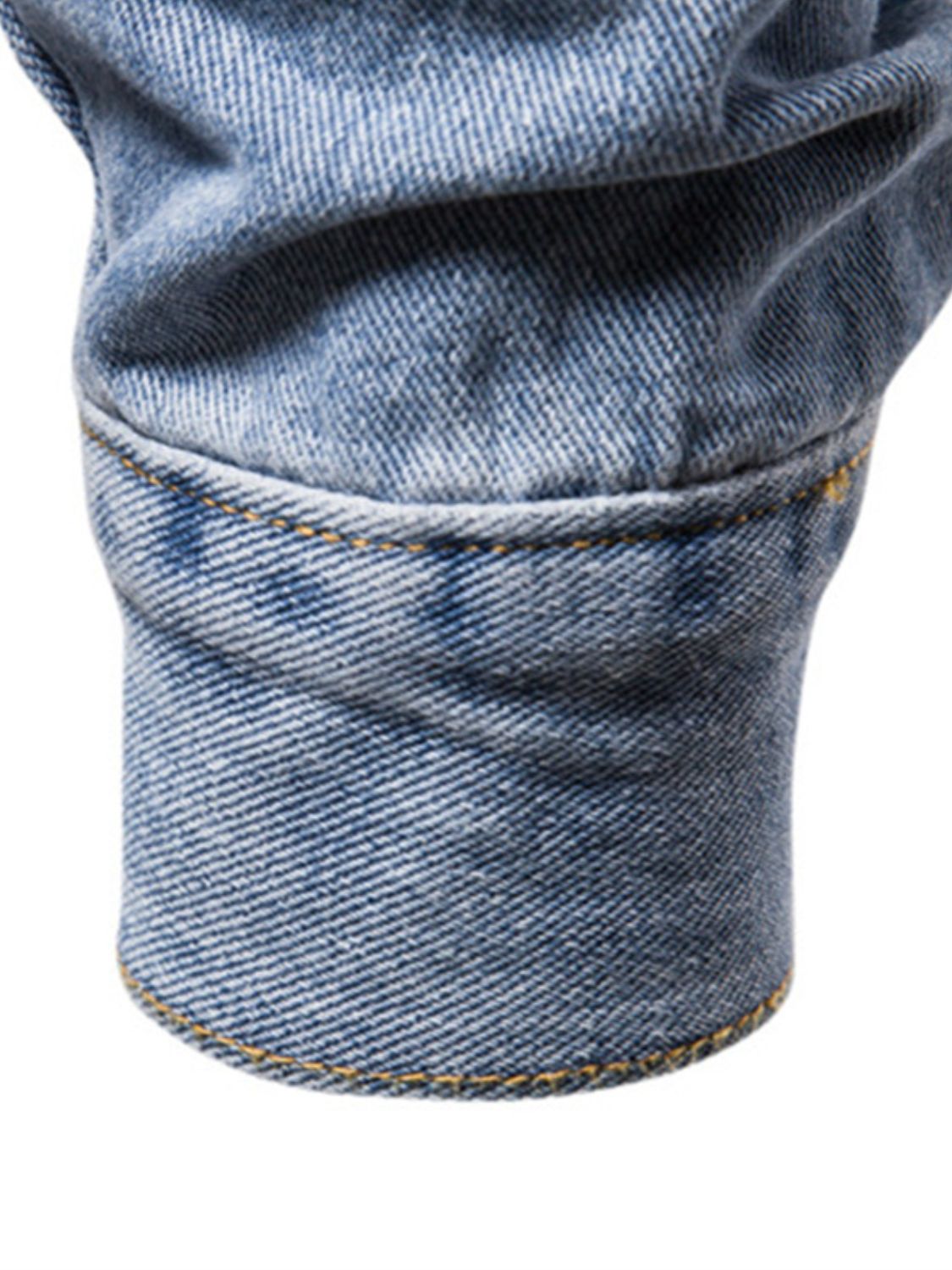Men's long sleeve denim jacket by Plush Fashion Hub with button-down front, classic blue denim, and stylish casual fit.