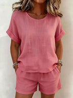 FitiqueFit solid-color cotton linen t-shirt and shorts set in multiple colors, casualwear for comfortable everyday style.