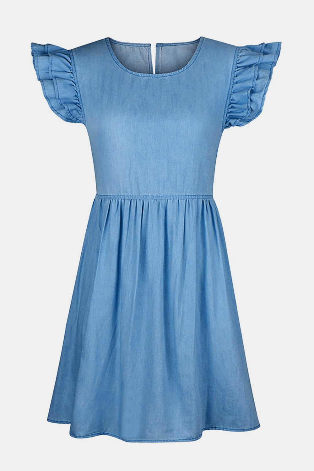 Full size ruffled round neck cap sleeve denim dress by Plush Fashion Hub, featuring a casual fit and ruffled neckline.