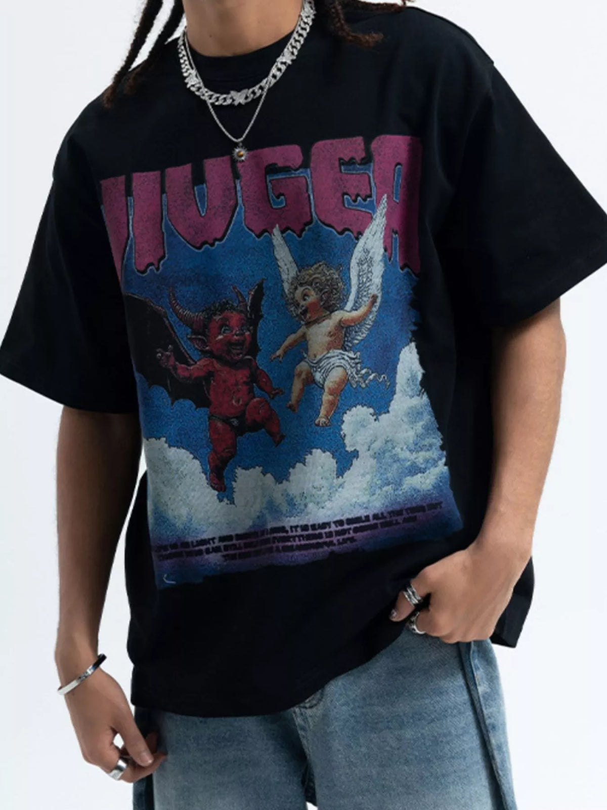 Men's graphic round neck short sleeve T-shirt from Trendsi, featuring a stylish design on soft cotton fabric.