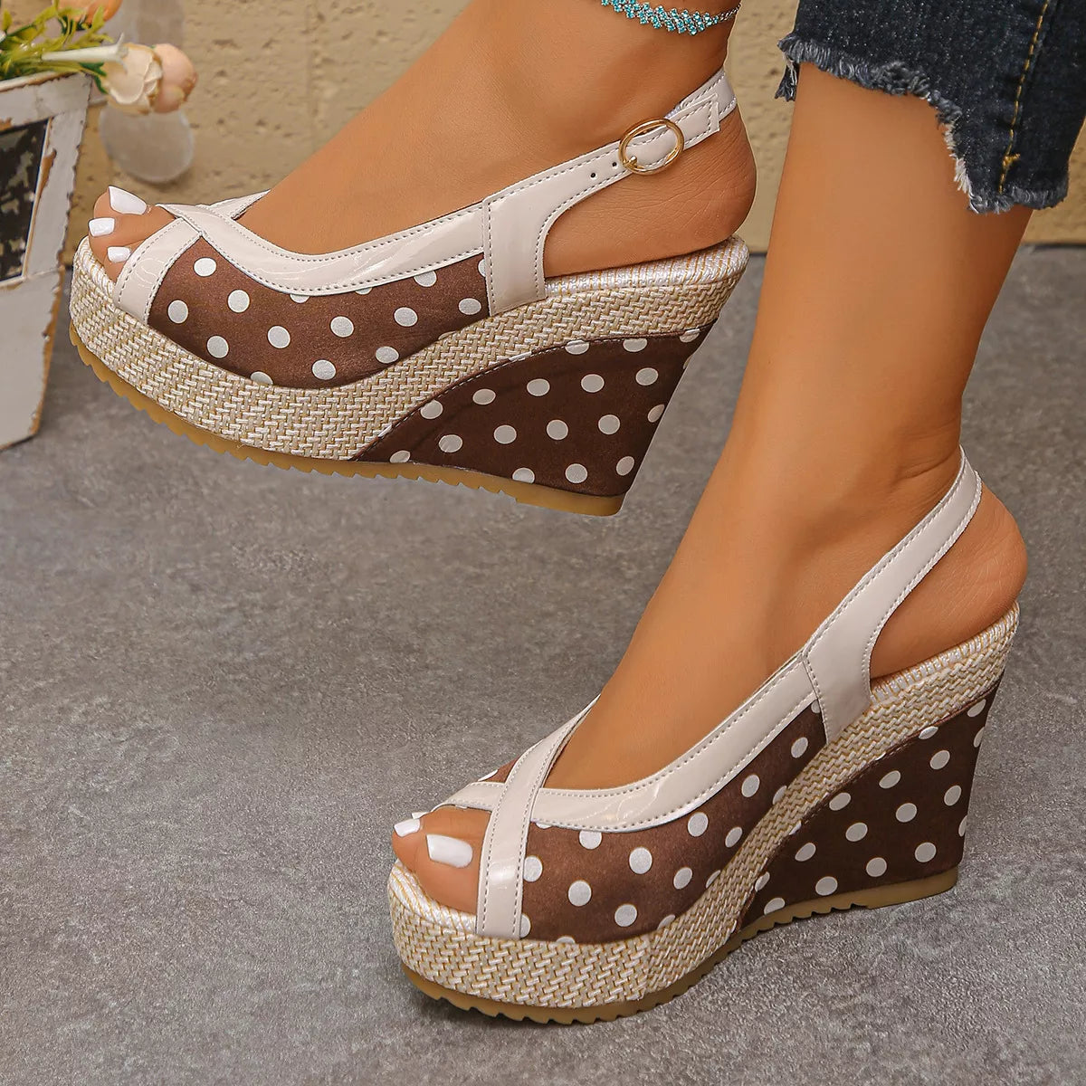Polka dot peep toe wedge sandals by Trendsi, showcasing stylish footwear with a playful polka dot pattern and comfortable wedge heel.