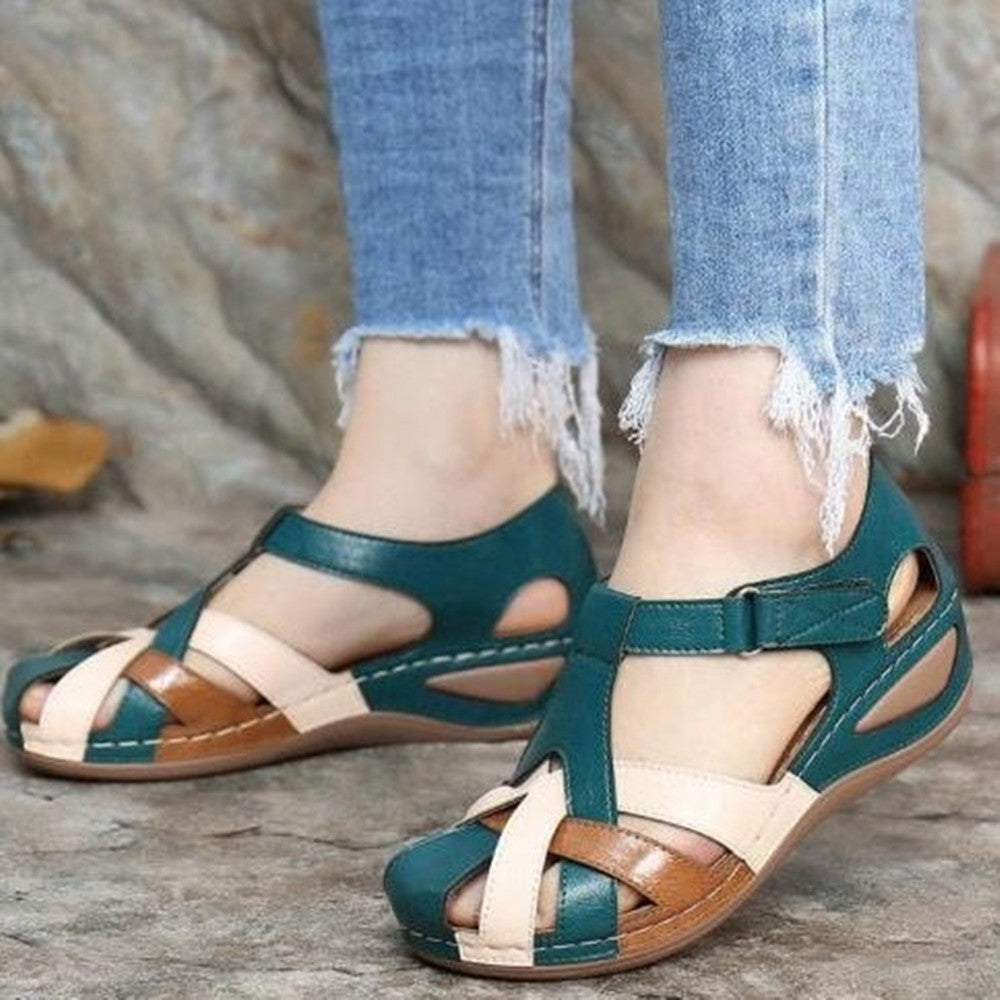 Vintage round toe wedge sandals for women with cross buckle design by LadyShow.Store, showcasing the stylish footwear.
