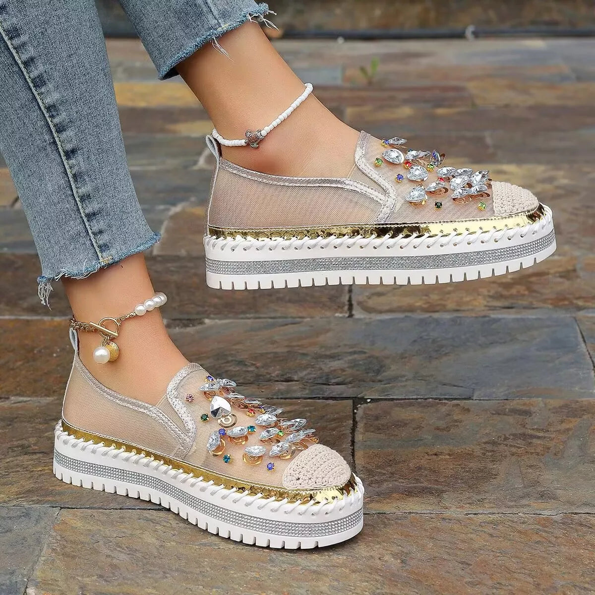 Rhinestone decor platform loafers from Trendsi featuring shiny rhinestone embellishments and a comfortable footwear design.