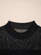 Women's sheer mesh patchwork cap sleeve T-shirt by Trendsi featuring elegant layering, with visible mesh fabric and patchwork design.