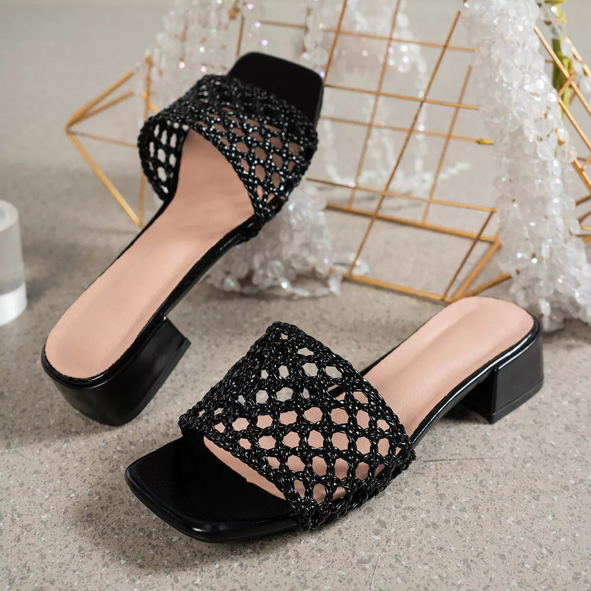 Plush Fashion Hub woven block heel sandals with open toe and ankle strap, stylish and comfortable for casual or dressy wear.