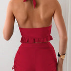FitiqueFit ruffle halterneck lace-up bikini set swimwear with ruffled details and adjustable ties, perfect for beach and poolside.