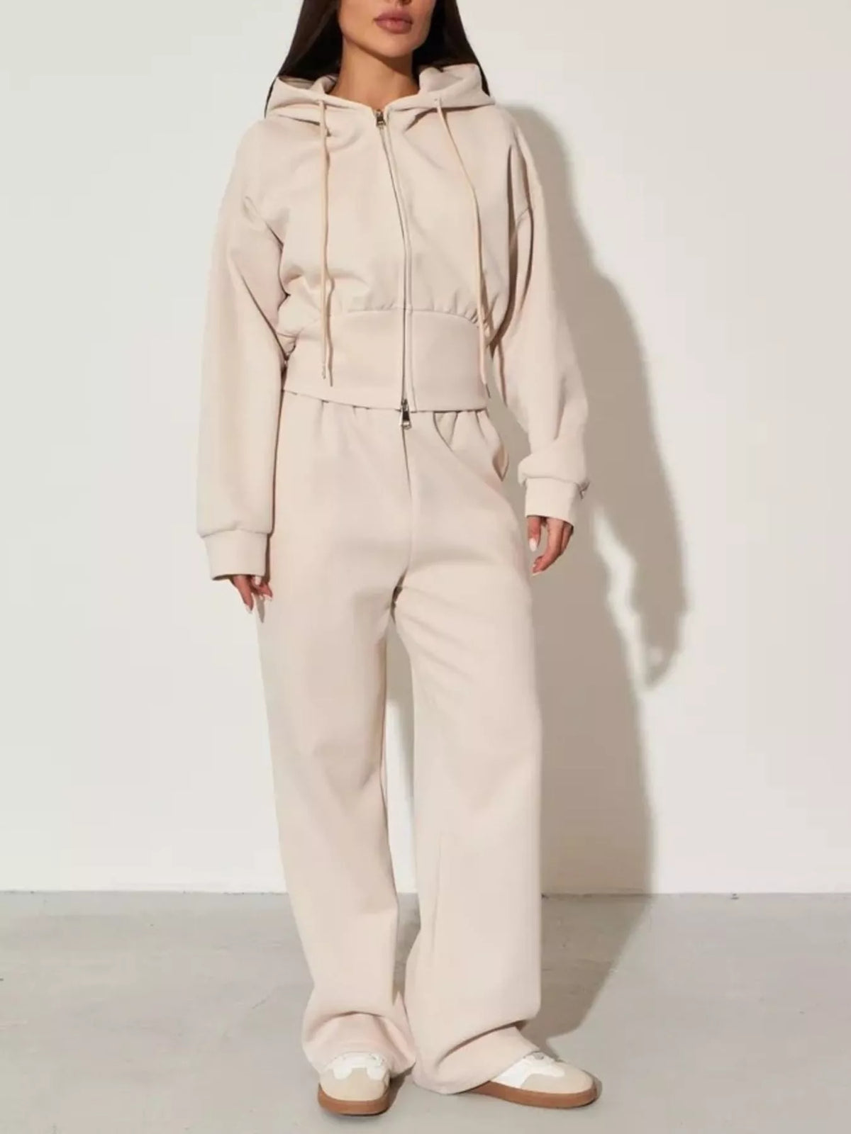 Plush Fashion Hub zip-up hoodie and wide-leg pants loungewear set, shown in soft fabric with relaxed fit and comfortable style.