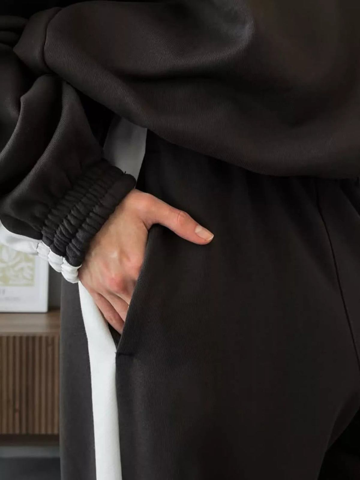 Plush Fashion Hub zip-up long sleeve tracksuit set with soft fabric, featuring a comfortable fit and stylish design.