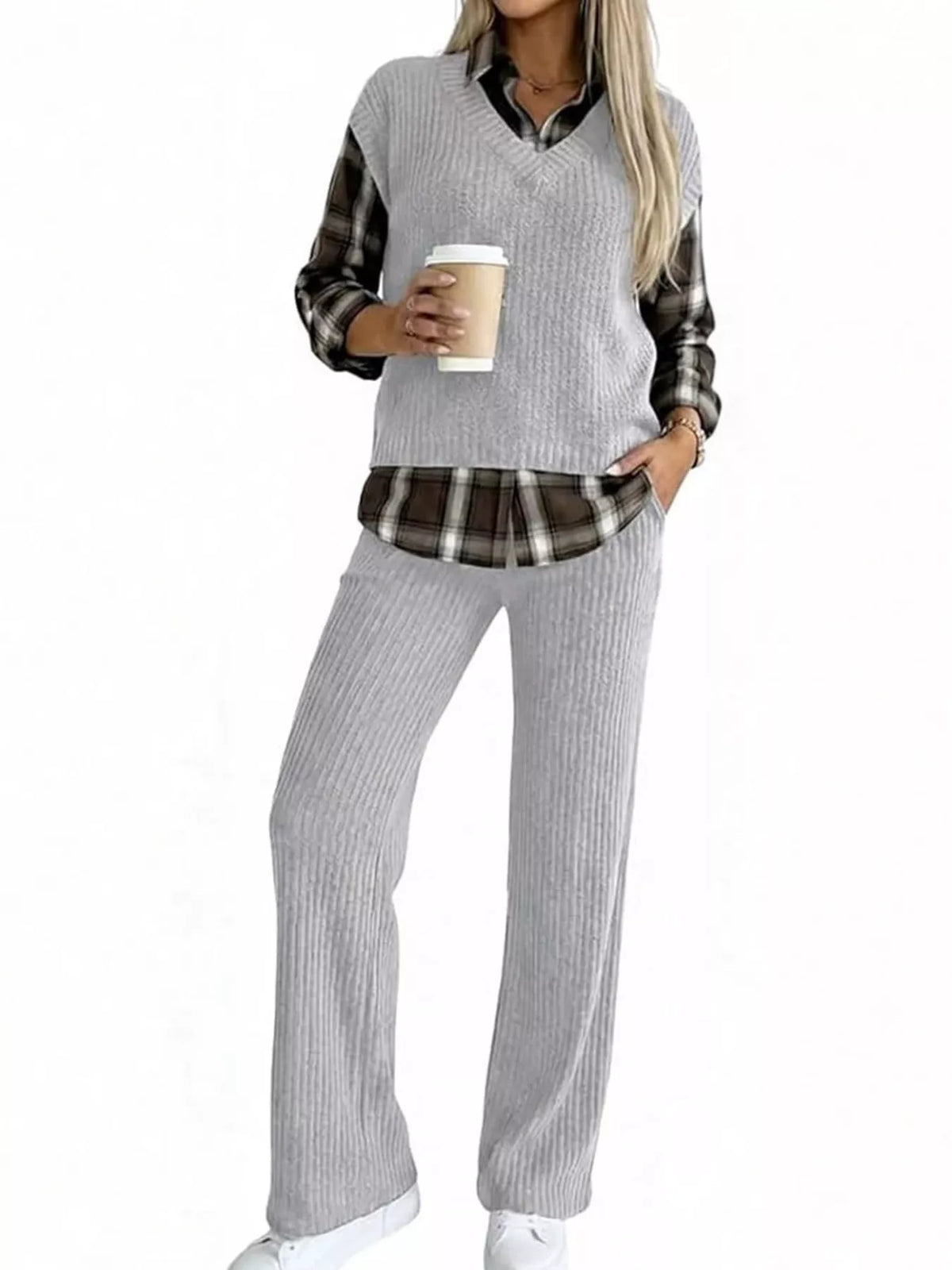 Ribbed knit plaid sleeve top and matching pants set by Trendsi, featuring a cozy, stylish design with ribbed texture.
