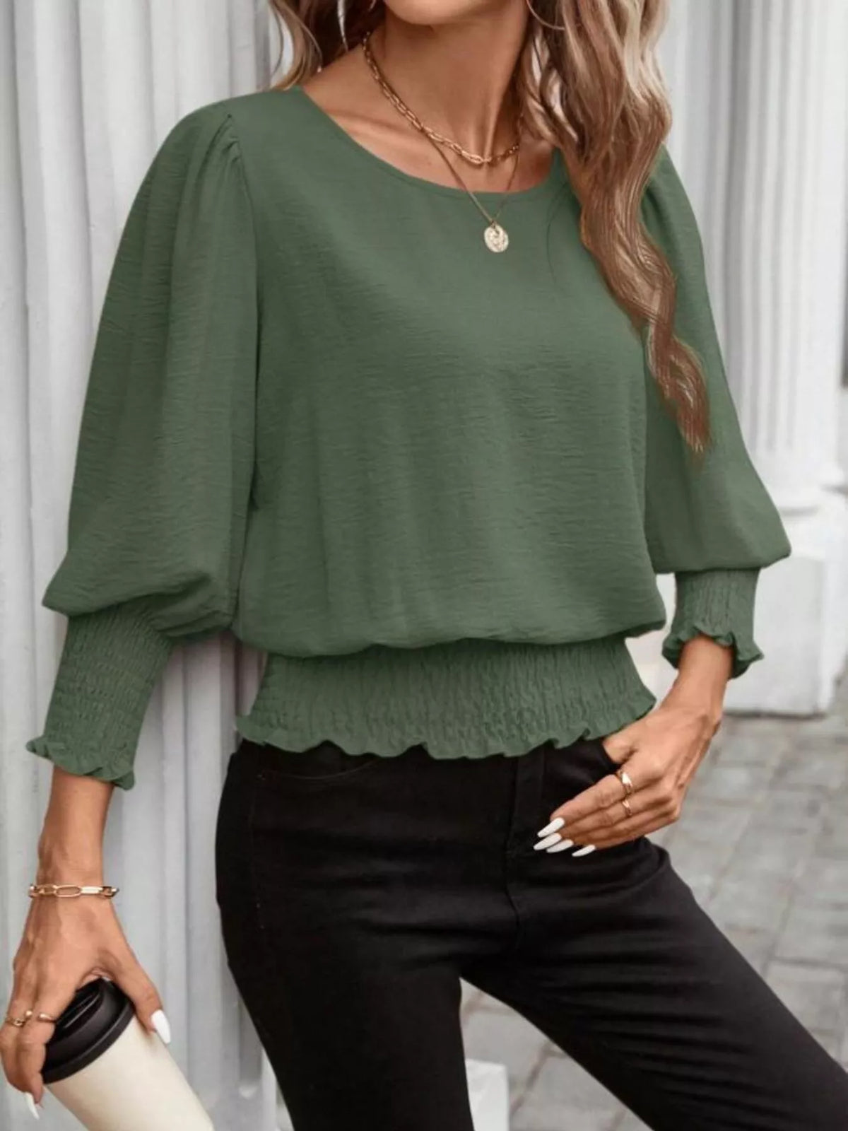 Plush Fashion Hub puff sleeve smocked blouse with ruffled neckline and floral pattern, perfect for casual or dressy wear.