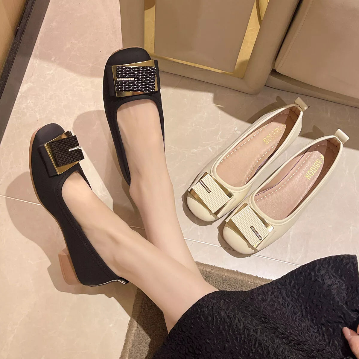 Round toe block heel slip-on footwear by Plush Fashion Hub, featuring a sleek design and comfortable fit.