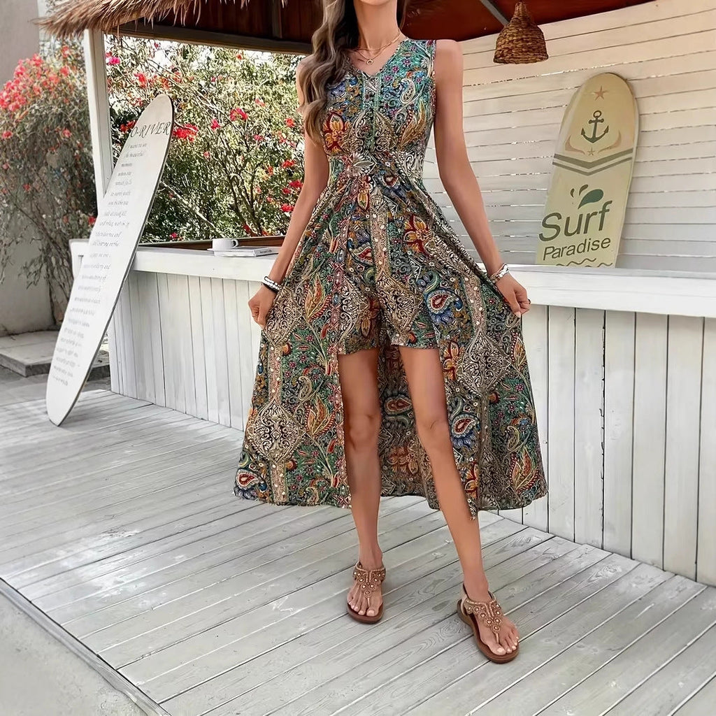 Women's printed V-neck sleeveless jumpsuit by Plush Fashion Hub, featuring a casual, vacation chic design with vibrant print details.