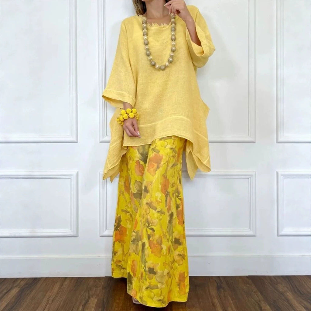 FitiqueFit irregular hem drop-shoulder top and wide-leg pants set in three colors, casual and stylish co-ord outfit.