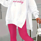 FitiqueFit casual 2-piece set with solid color leggings and letter print hooded sweatshirt, displayed on a model.