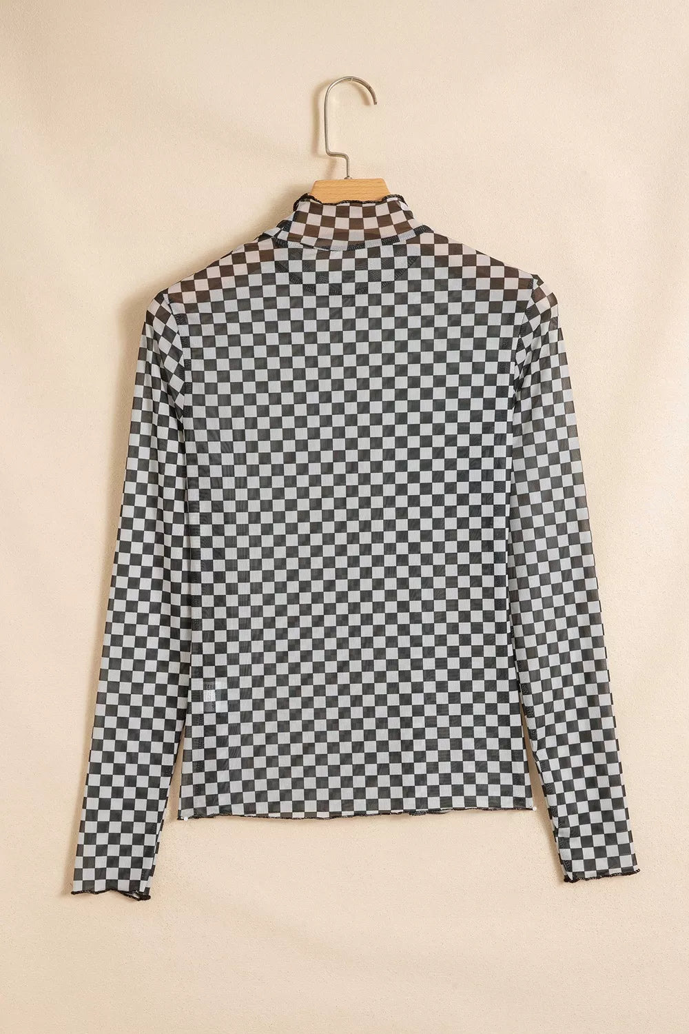 Plaid stand neck long sleeve mesh top by Plush Fashion Hub, featuring a stylish plaid pattern and mesh fabric design.