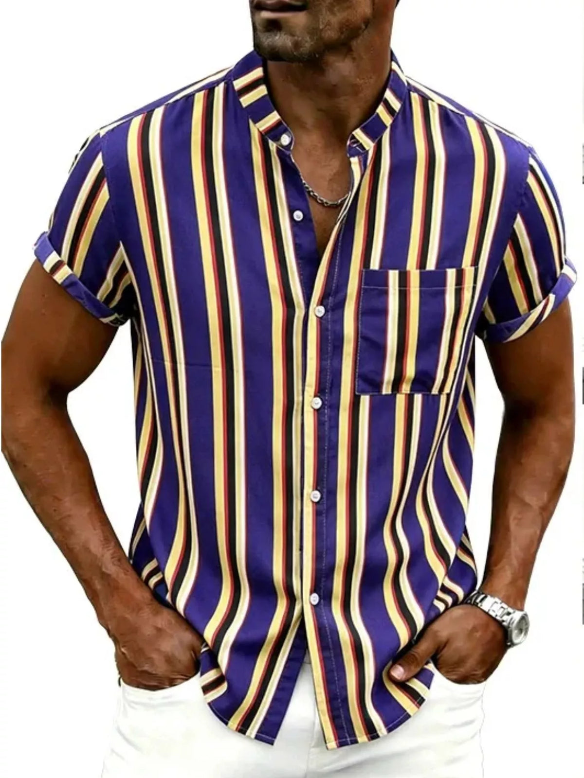 Plus size men's striped short sleeve button-up shirt by Plush Fashion Hub, showing a casual, fitted design with vertical stripes.