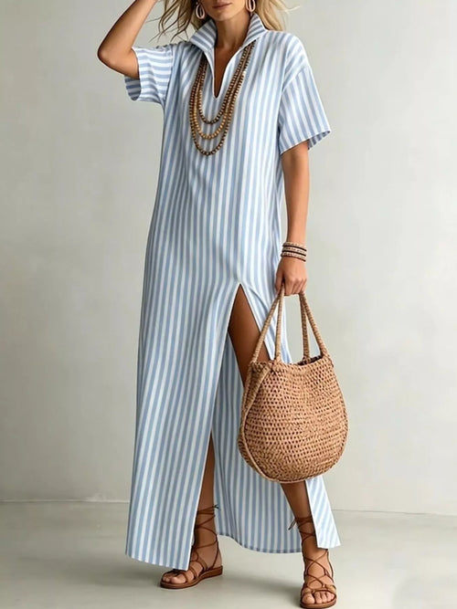 Full size striped maxi dress with side slit from Trendsi, showcasing a flowing fabric and stylish design.