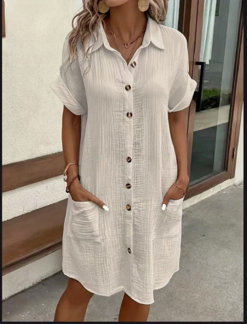 Women's casual loose short-sleeve midi shirt dress by FitiqueFit with button-down front, lightweight and comfortable for everyday wear.