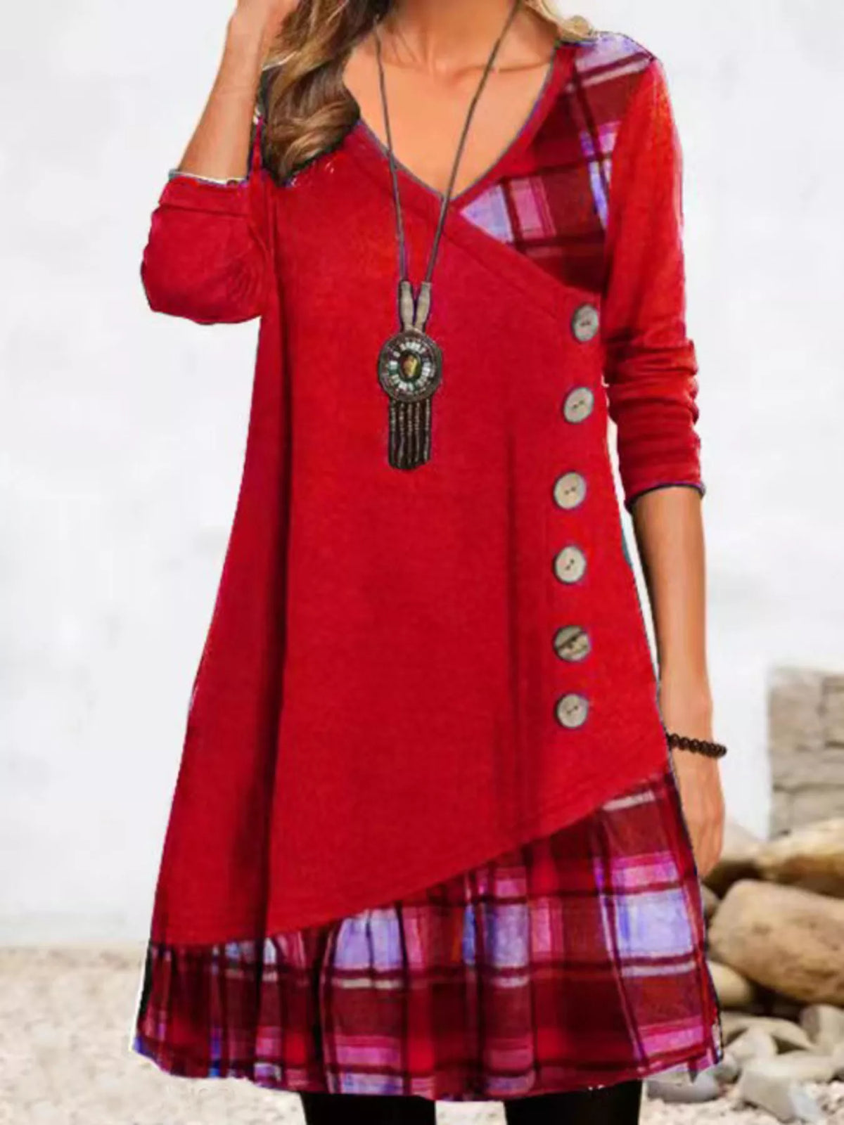 Plus size asymmetrical plaid patchwork long sleeve dress by Trendsi, featuring a stylish and comfortable full-coverage design.