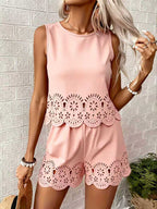 Women's elegant hollow-out floral top and pants set by FitiqueFit, casualwear with floral design, perfect for stylish everyday wear.