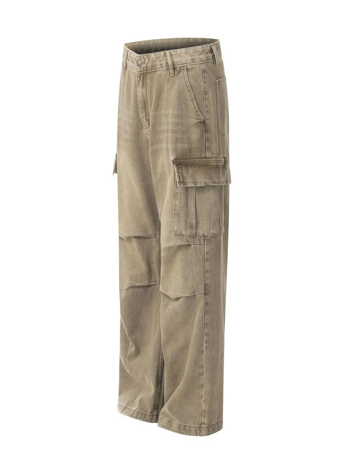 Men's vintage washed cargo jeans by Plush Fashion Hub, showing relaxed fit with multiple utility pockets and faded denim finish.