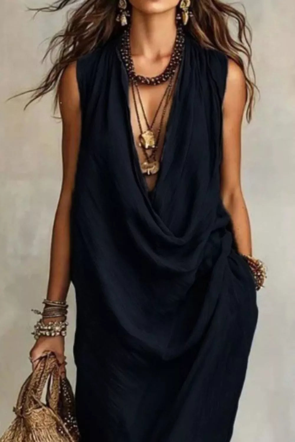 Sleeveless drape neck midi dress from Plush Fashion Hub featuring flowing fabric and elegant design.