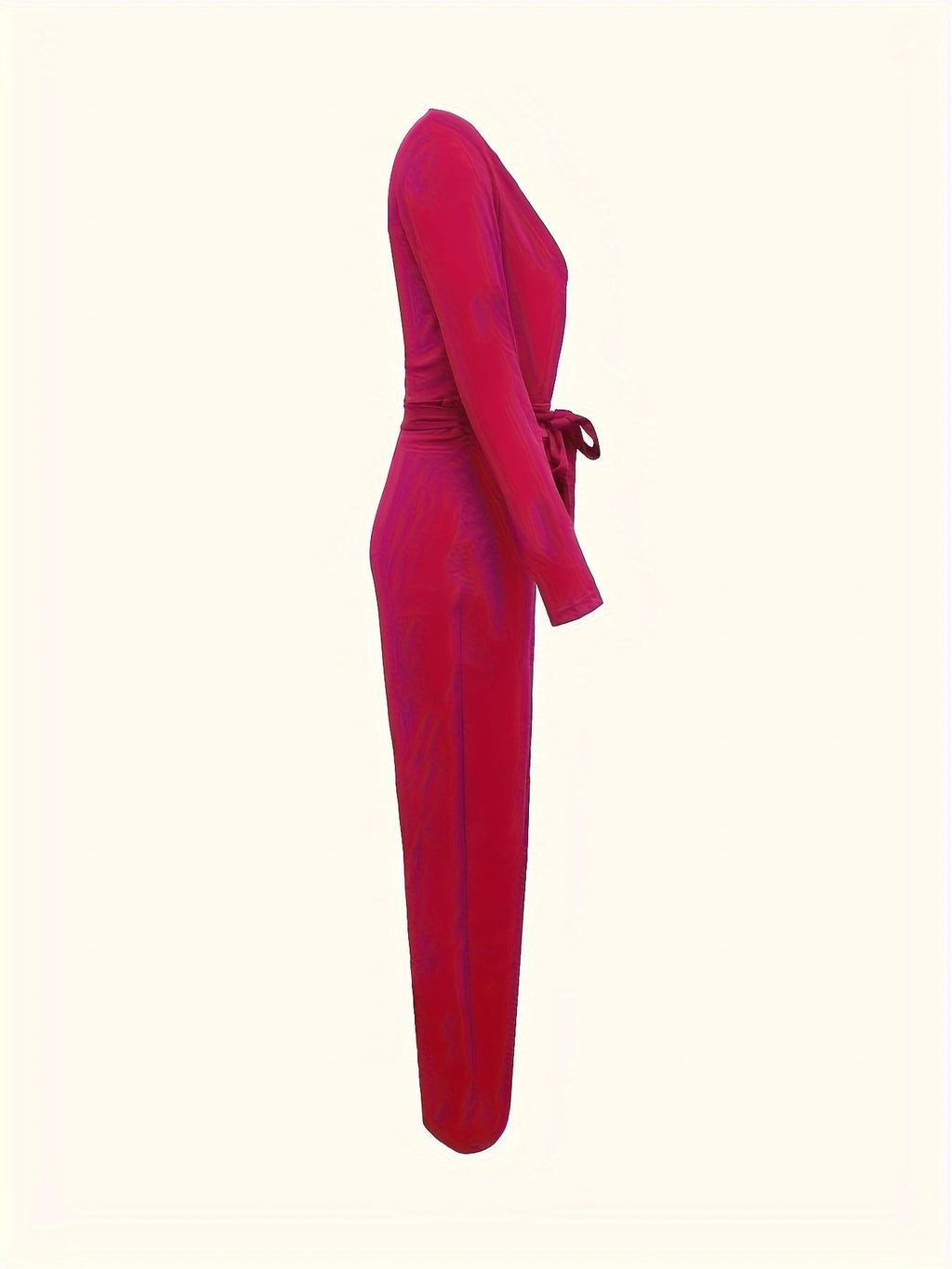 Women’s solid V-neck jumpsuit with bow tie waist by FitiqueFit, featuring a slim fit and casual style, shown in the image.