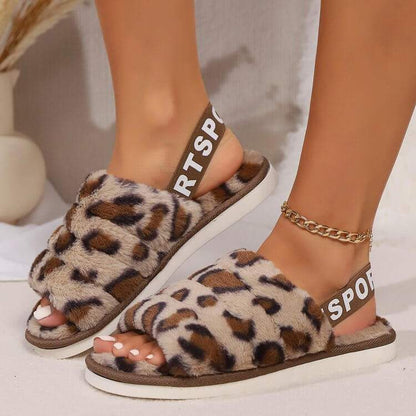 Leopard Open Toe Slippers with soft elastomer and nylon velvet design.