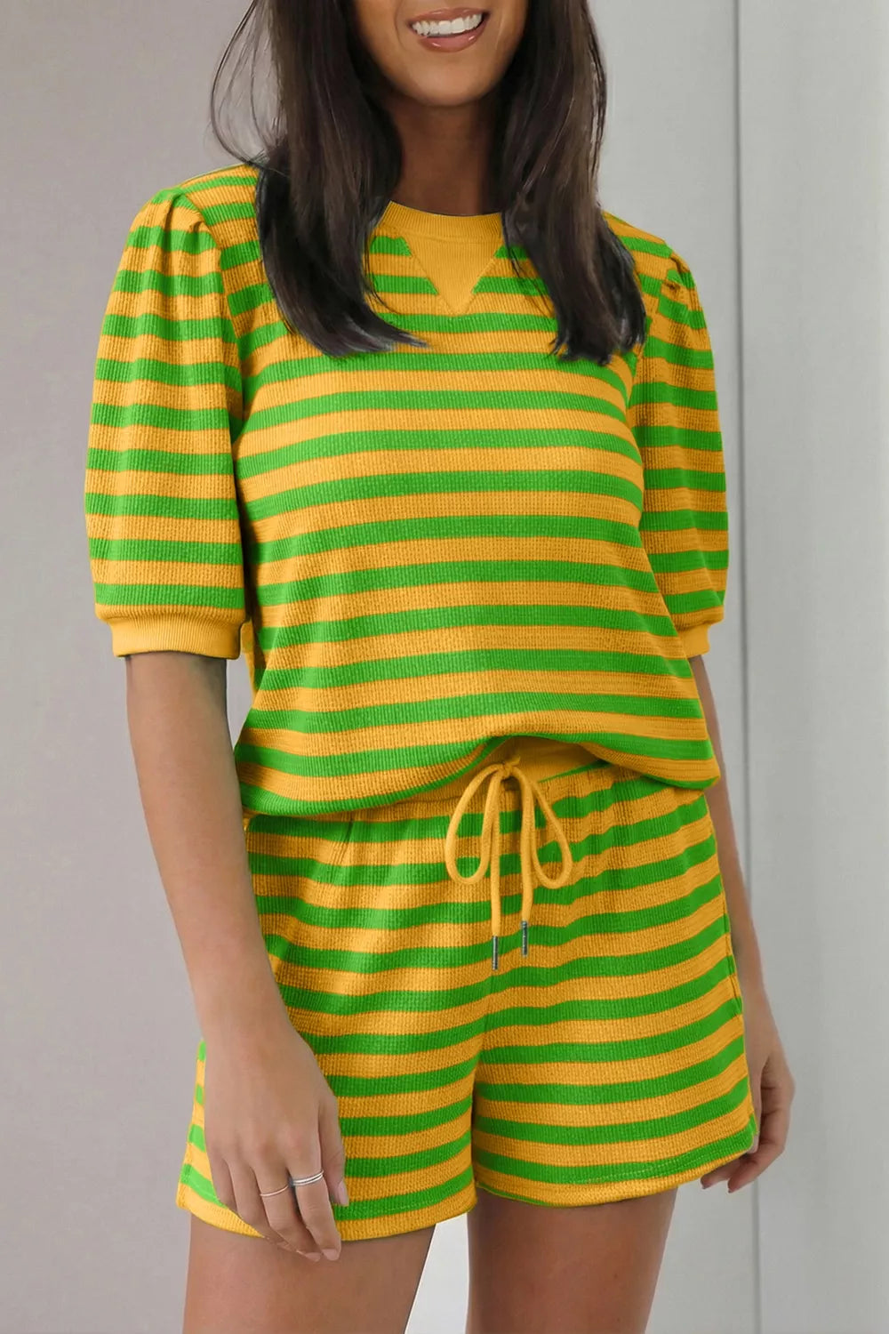 Striped puff sleeve top and drawstring shorts set by Plush Fashion Hub, stylish matching outfit with puffed sleeves and comfortable fit.