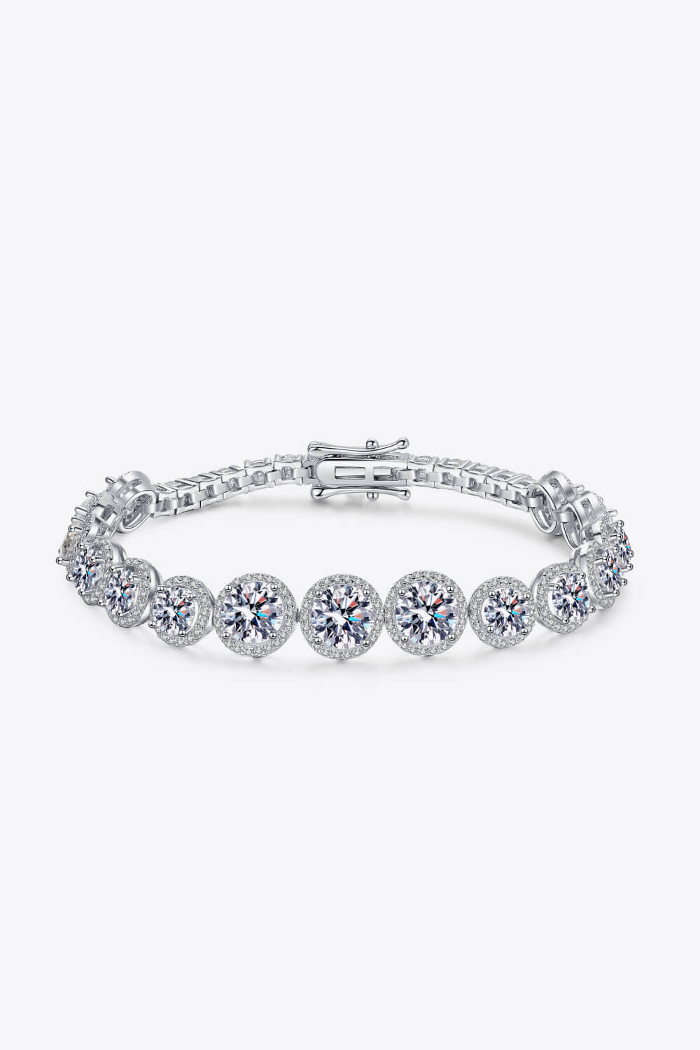 Sterling silver bracelet with sparkling 10.4 carat moissanite stones, showcasing a elegant and shiny jewelry piece.