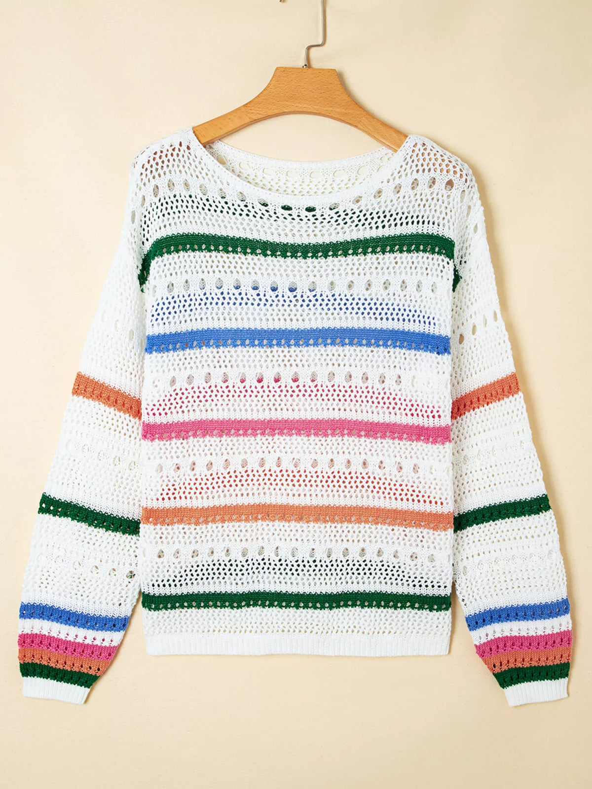 Trendsi color block striped pointelle knit sweater with a cozy, textured design in vibrant color contrasts.
