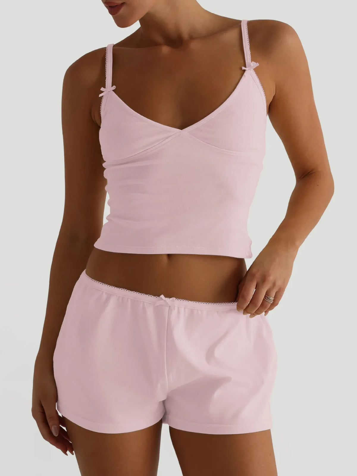 Soft plush V-neck active cami and shorts set from Plush Fashion Hub, perfect for comfortable workout or lounge wear.