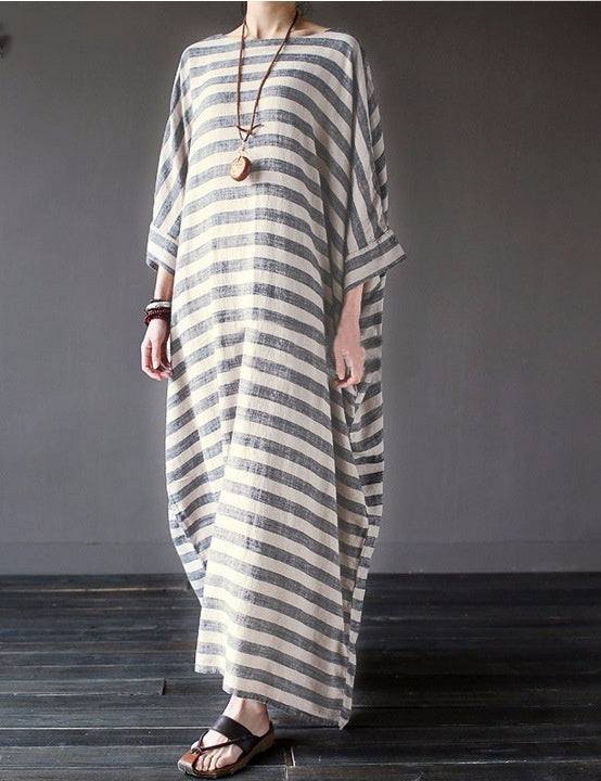 Cotton And Linen Stripes Loose Plus Long Dress