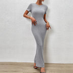 Elegant solid color slim fit round neck women's dress from Trendy Attic Store01, featuring a sleek and stylish design.