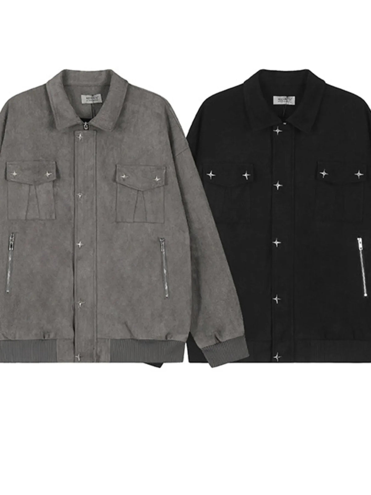 Men's collared neck long sleeve jacket, trendy outerwear by Trendsi, shown in a stylish design with a zipper closure and modern fit.
