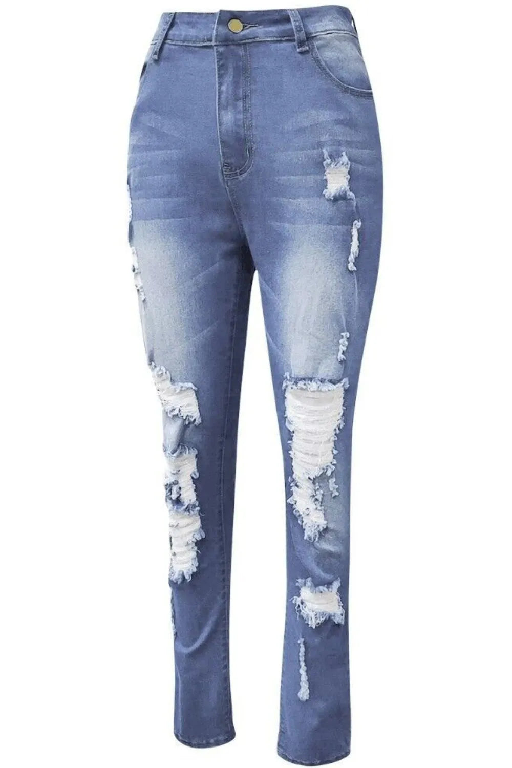 Plus size distressed skinny denim jeans by Trendsi, showcasing a full length view with ripped details and a fitted silhouette.