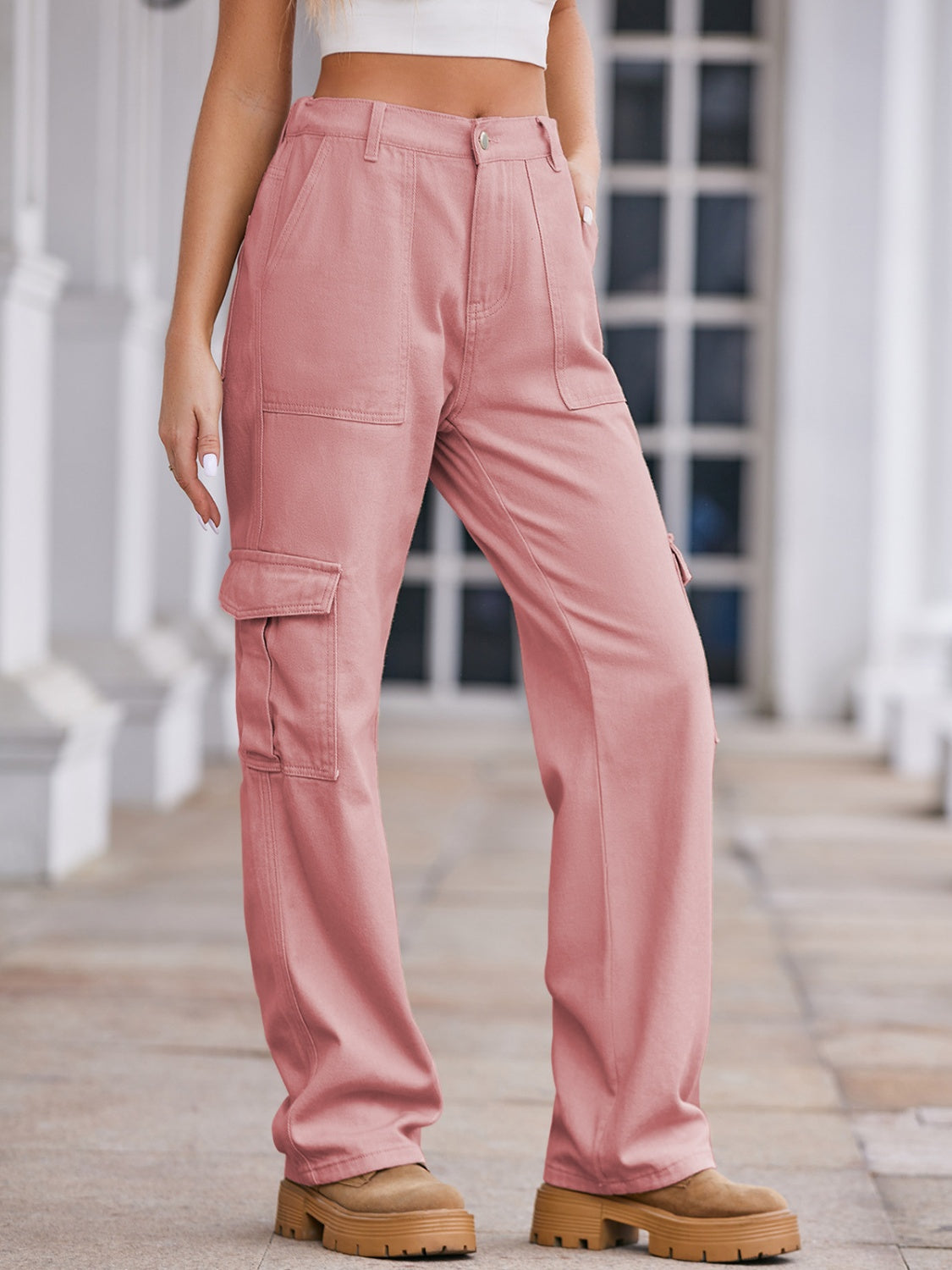 Plush Fashion Hub straight denim cargo pants featuring multiple pockets and classic blue denim fabric, casual streetwear style.