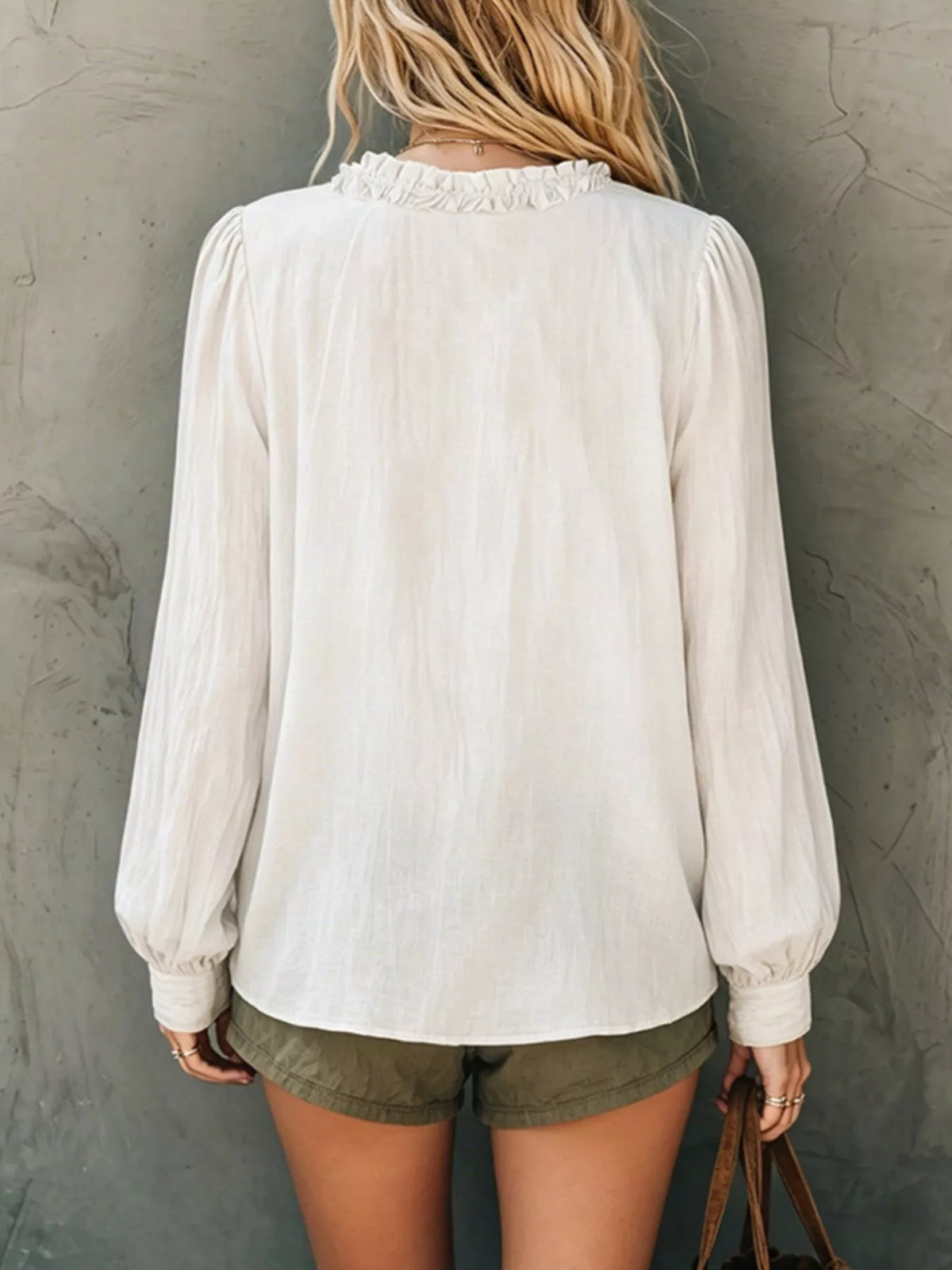 Plush Fashion Hub frill V-neck long sleeve blouse with ruffled details, elegant shirt perfect for stylish casual or dressy wear.