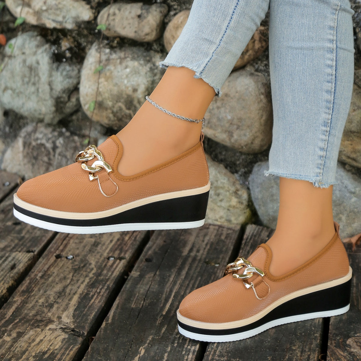 Chain decor wedge loafers by Trendsi, stylish footwear with a sleek design and comfortable wedge heel, shown in the image.