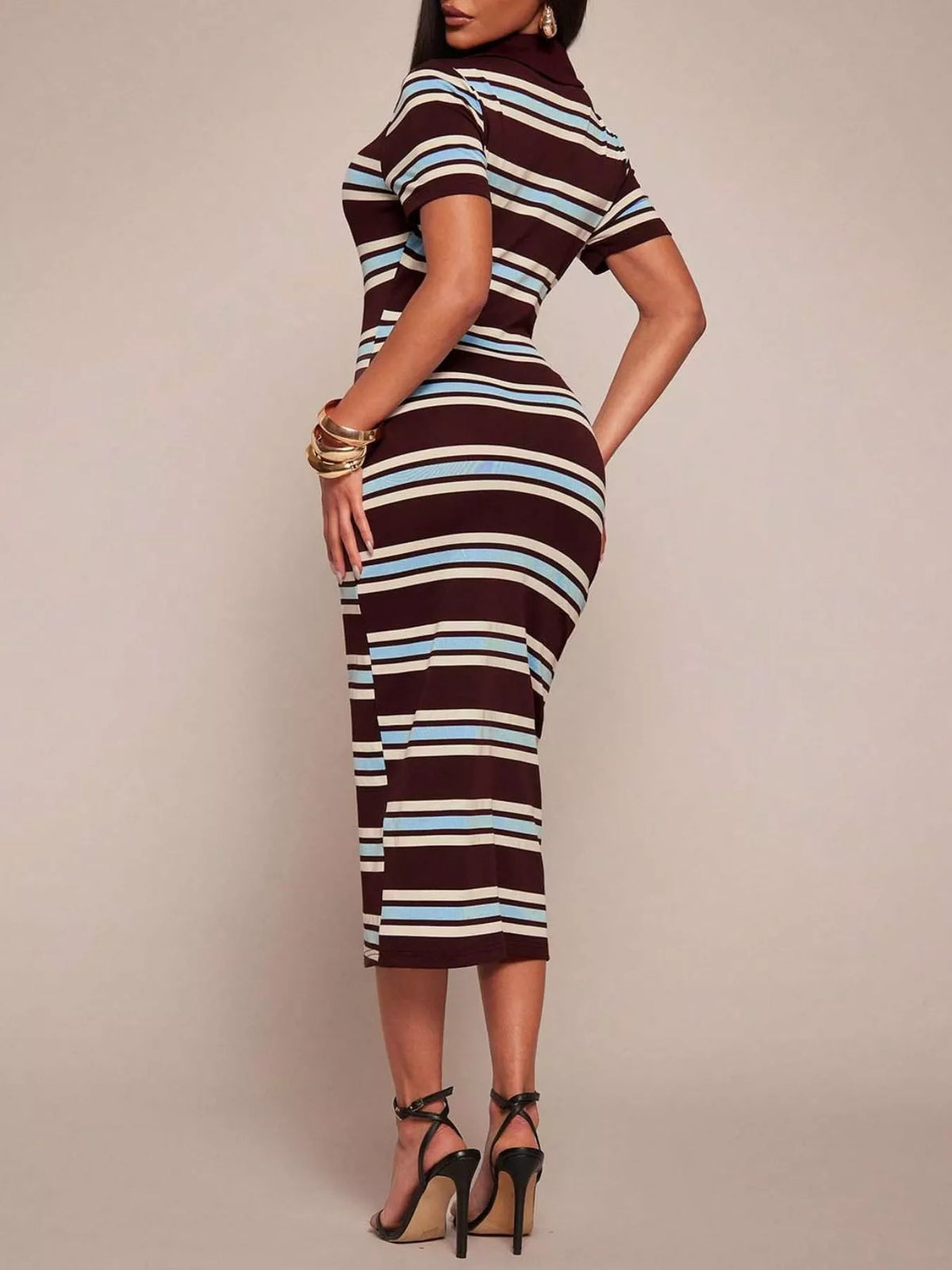 Striped polo collar midi dress by Plush Fashion Hub featuring a fitted silhouette and stylish design.