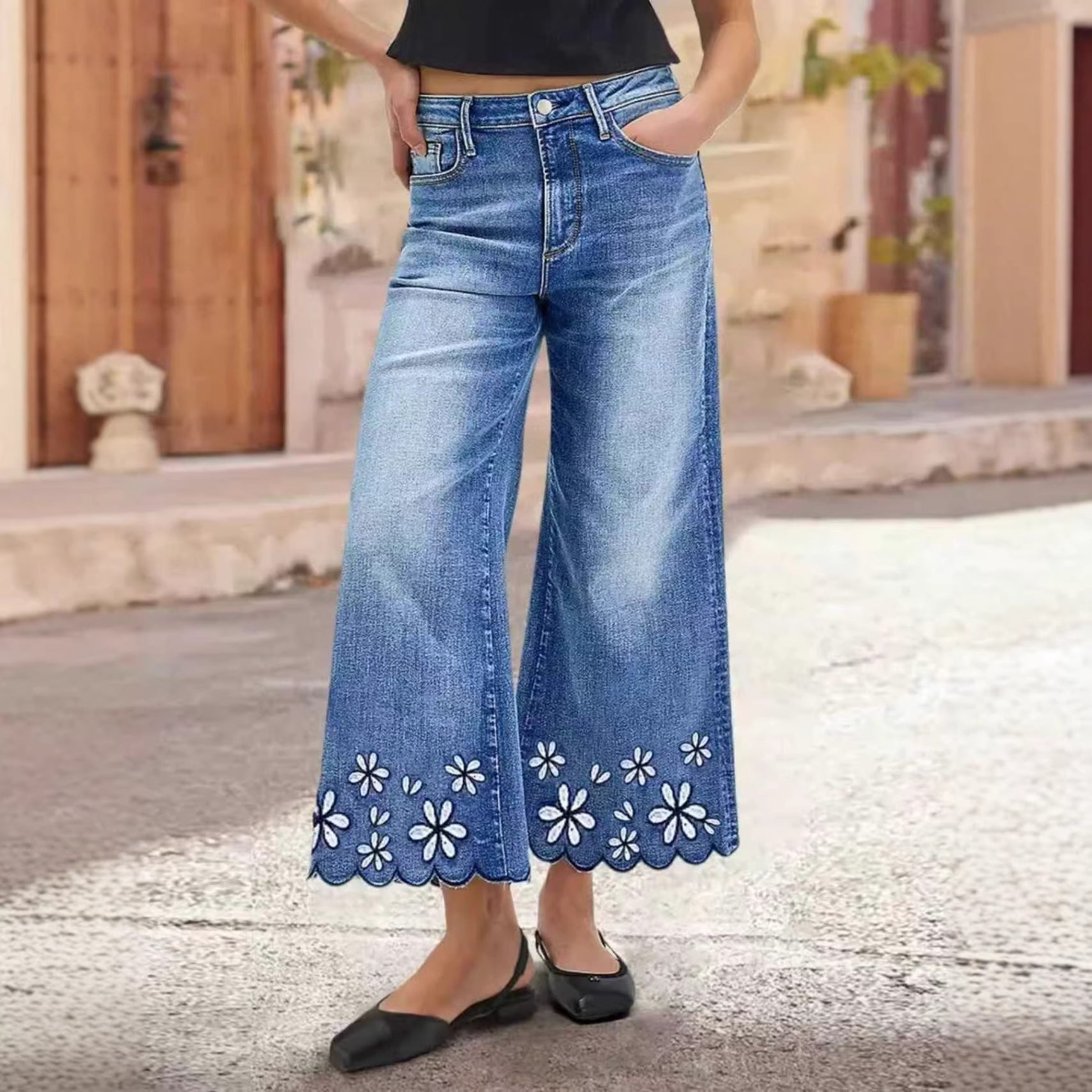 Women’s cropped denim jeans with chrysanthemum embroidery, loose straight-leg fit, casualwear by Plush Fashion Hub