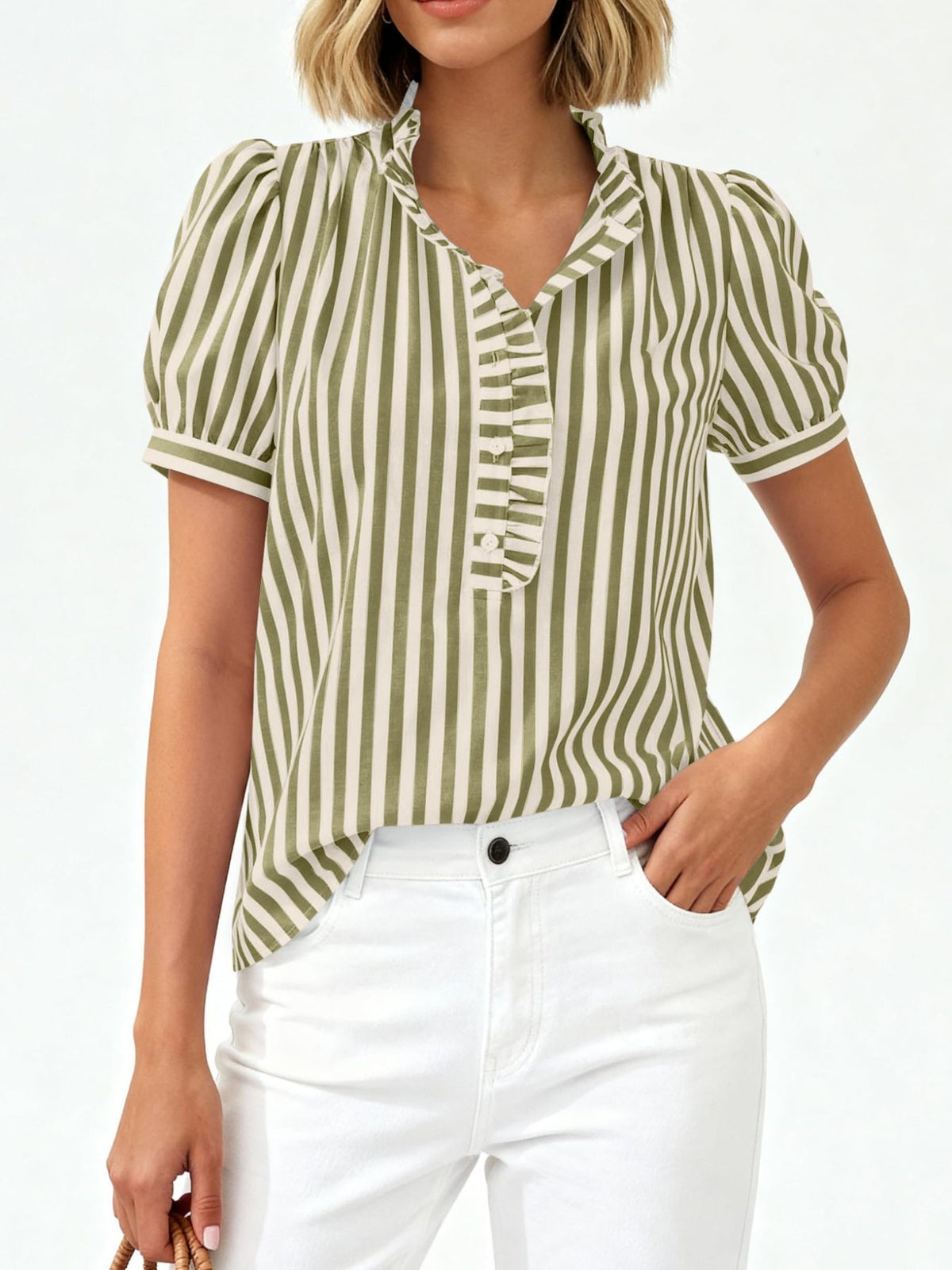 Women's striped puff sleeve blouse with ruffled details from Plush Fashion Hub, shown with a close-up of the fabric and design.