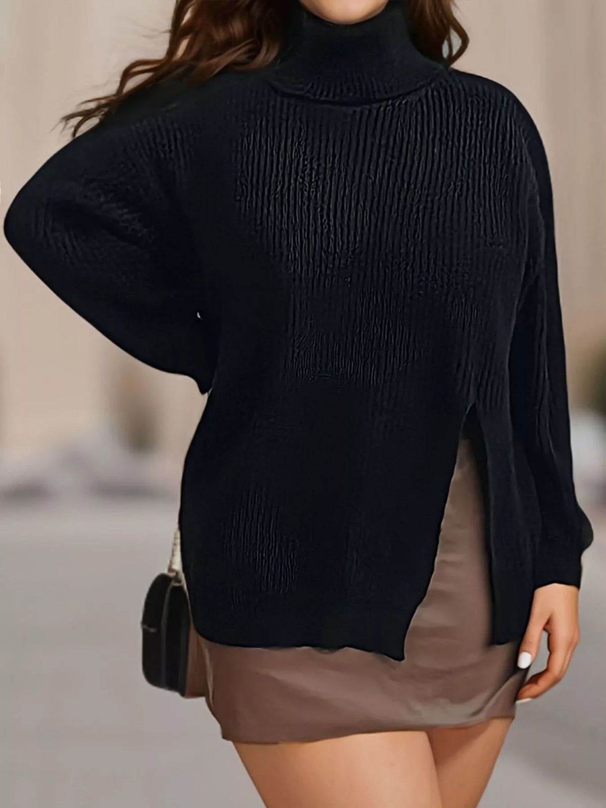 Plus size ribbed turtleneck sweater with side slit, black Trendsi sweater featuring a cozy, fitted design and high neckline.