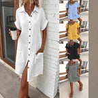 Women's loose-fit casual shirt dress with short sleeves and button-down front, in a midi length, by FitiqueFit.