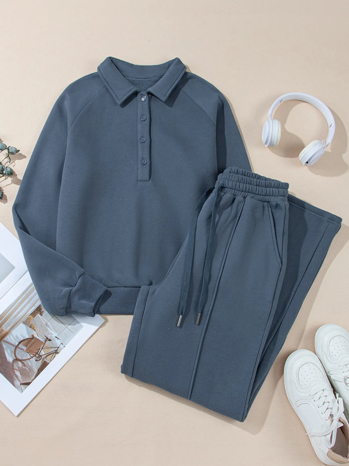 Plush Fashion Hub activewear set with collared sweatshirt and high waist pants, perfect for workout or casual wear.